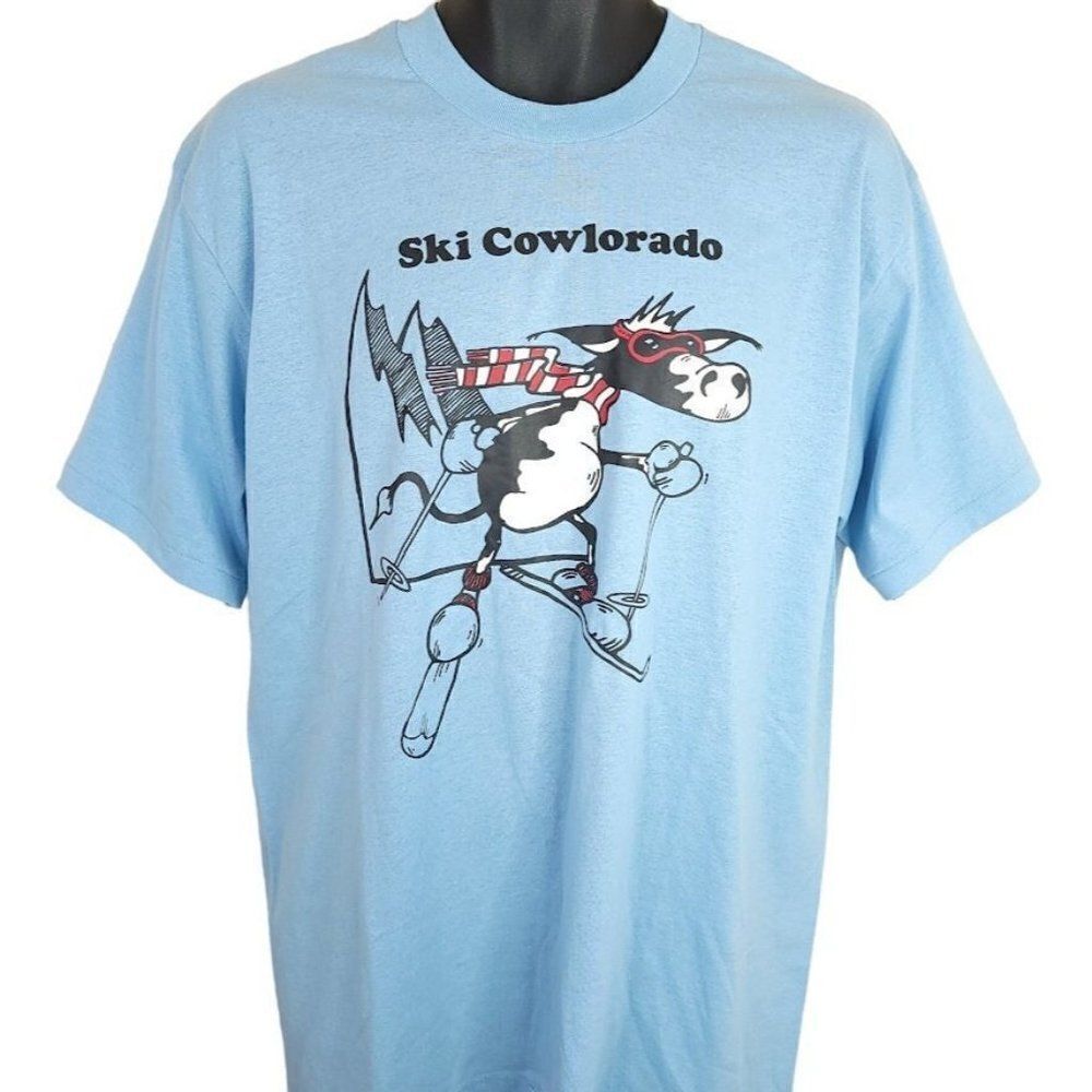 Ski Cowlorado T Shirt Vintage 80s Downhill Skiing Funny Made In USA Mens Large